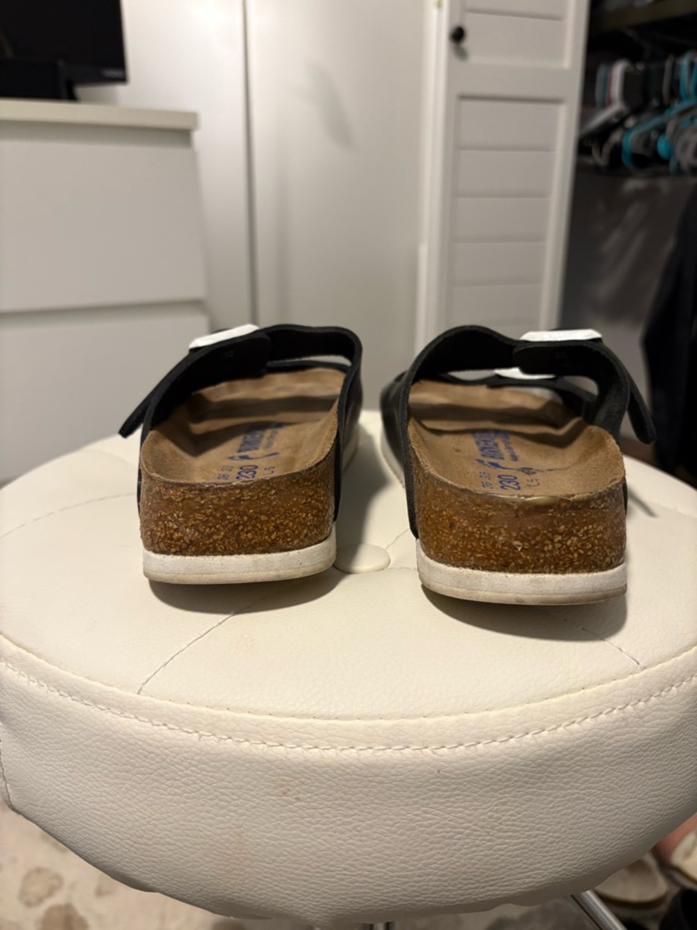 Birkenstock Black Leather Two-Strap Sandals with White Buckles - Picture 5 of 5